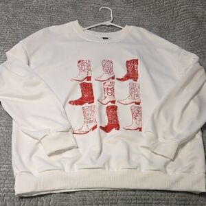 White Sweater with Red Boot Print